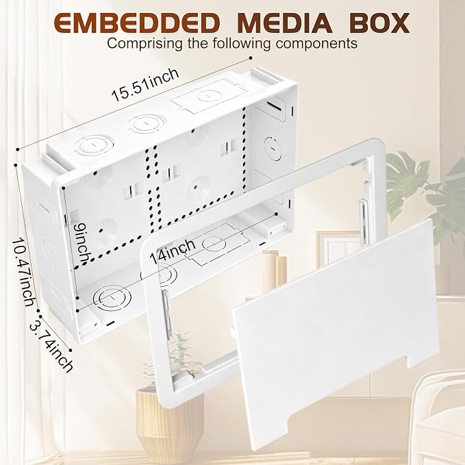 9" in Wall TV Media Box for Device & Cable Management Hidden Outlet Box, Structured Wiring Enclosure with Custom Knockouts, WiFi Friendly, for Roku, Apple TV, Fire TV Stick & Samsung One Connect Mini