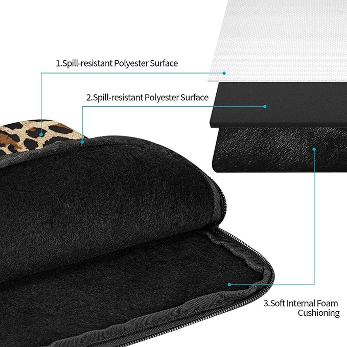 Brown Leopard Print Laptop Sleeve 12 inch, Slim Laptop Bag Case with Zipper, Portable Tablet Computer Carrying Case for Men Women