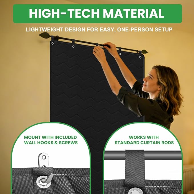 Soundproof Curtain 48" × 78" – Lightweight Automotive-Grade Acoustic Sound Dampening Blanket with Grommets, Hanging Loops & Wall Hooks, Noise Blocking for Windows, Rooms, Offices & Home Studios, Black