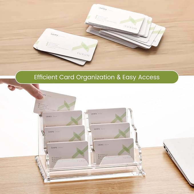 YUXUN Business Card Holder for Desk, Acrylic Business Card Display Stand with 6 Slot, Office Desk Accessories for Man &Woman,300 Cards Capcity, Clear