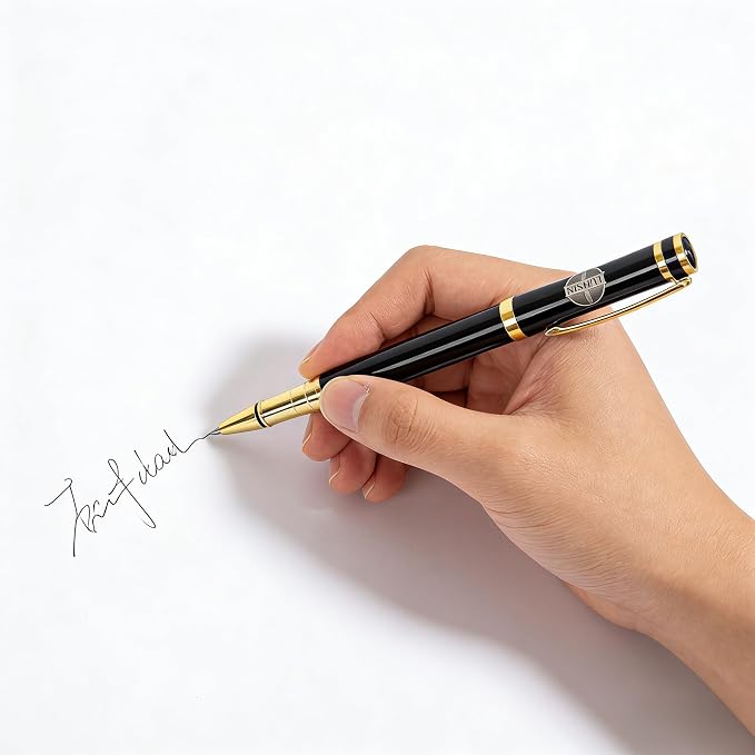 LUHSIN Premium Black Lacquer Rollerball Pen with Gold Trim - 0.5mm Smooth Writing Business Pen, Luxury Executive Gift Set for Men & Women, Office Signature Pen