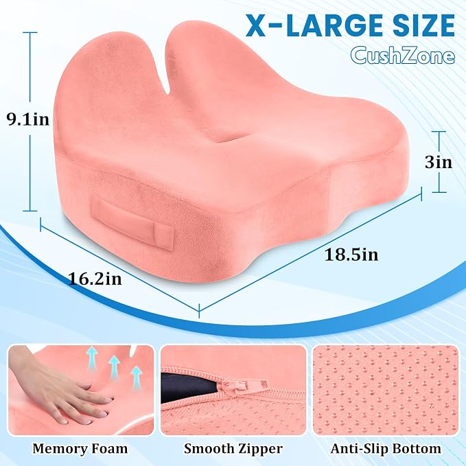 CushZone Seat Cushion, Memory Foam Office Chair Seat Cushion for Office Chairs/Car/Long Trip/Desk Chair/Gaming, X-Large Size for Sciatica & Hip & Tailbone Pain Relief, Sciatica Support (Pink)
