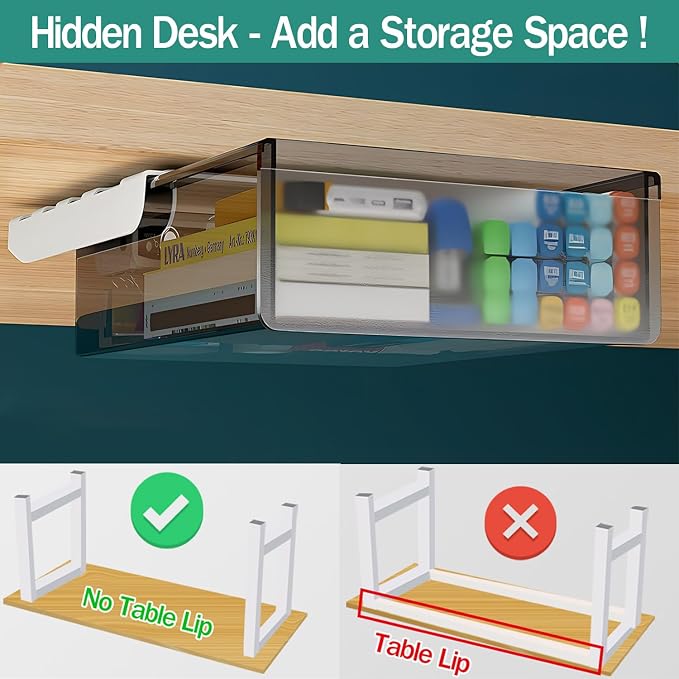 SVNNELP Under Desk Table Drawer Storage Organizer Slide Out, Attachable Hidden Self-Adhesive Under Desk Pencil Tray Drawer for Office/Classroom/Home (Clear Black/M)