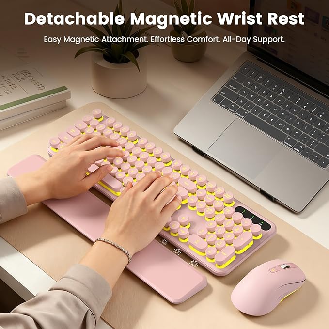 Wireless Keyboard and Mouse Combo, Round Backlit Keycaps, Retro Typewriter Keyboard with Detachable Wrist Rest, Rechargeable & Tilt Legs, 2.4GHz Cordless Connection for Windows/PC (Glowing Pink)
