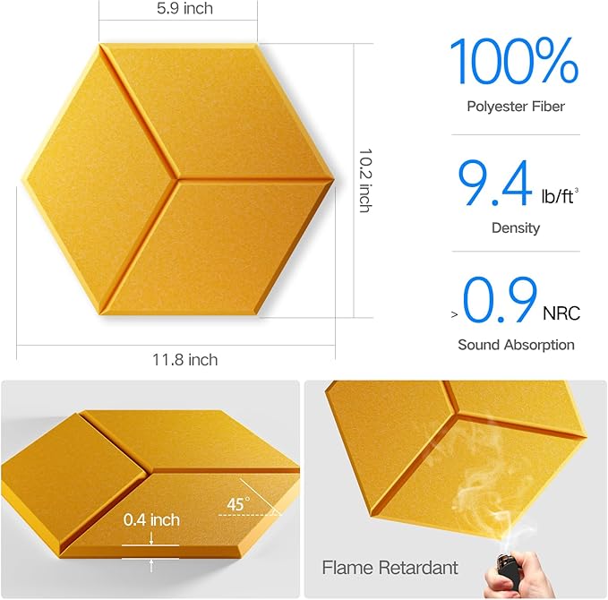 12 Pack Self-Adhesive Acoustic Panels 12" X 10" X 0.4" - Sound Proof Foam Panels with High Density, Y-Lined Design, Flame Resistant, Absorb Noise and Eliminate Echoes(Orange Yellow)