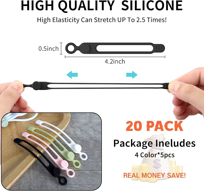 20Pcs UMUST Silicone Cable Ties, Cable Management Cord Organizer Multicolor | Reusable Cord Ties, Cable Strap Tie for Bundling Electronics Wire,Home Office Travel Essentials Accessories 4.2inch