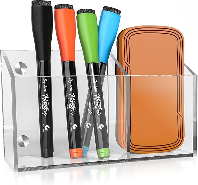 Acrylic Magnetic Marker Holder for Whiteboard Pen Organizer 2 Compartments Teacher Classroom Organization Magnetic Pencil Holder for Refrigerator Classroom Decor Office Modern White Board Accessories