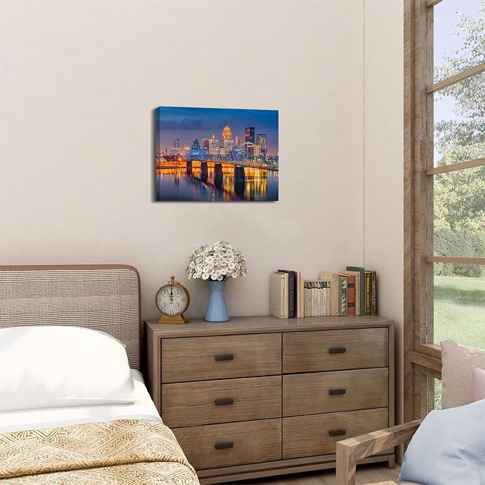 Colorful Cityscape Canvas Wall Art for Living Room Downtown Louisville in Kentucky Landscape Pictures Wall Decor USA City Night View Paintings Prints Modern Artwork Bedroom Home Decoration 12x16"