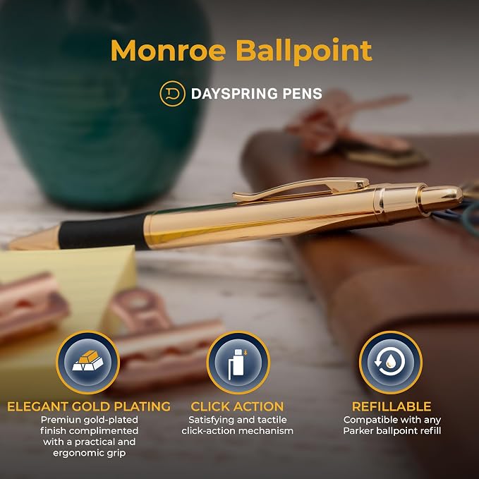 Dayspring Pens Monroe Gold Ballpoint Pen, 18K Gold Electroplated, Non-Customized, Click Action, All Metal, Medium Point Black Ink, Gift for Graduation, Birthdays, Career Advancement, Gift Box