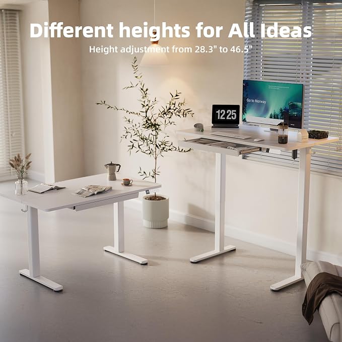 YDN Electric Standing Desk 48 x 24 Inch with Drawer White | Industrial steel frame supports 176 lbs, 28.3 to 46.5 inch height range, quiet 45 dB motor, 25.6 x 12.6 inch storage drawer