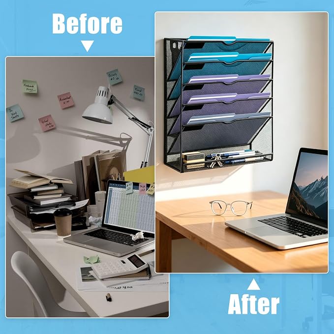 6-Tier Magnetic File Holder Hanging Magnetic File Folder Holder Organizer | Doule-Magnetic, Metal, No Assembly Required Magnetic Mail Paper Organizer for Refrigerator, Whiteboard
