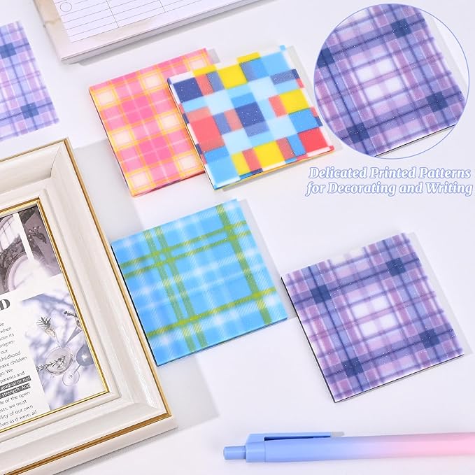 192 Sheets Transparent Sticky Notes, 3 x 3 Clear Self-Stick Note Glitter, Waterproof Translucent Memo Pads, See Through Self-Adhesive Note for Office School (Multicolored Plaid)