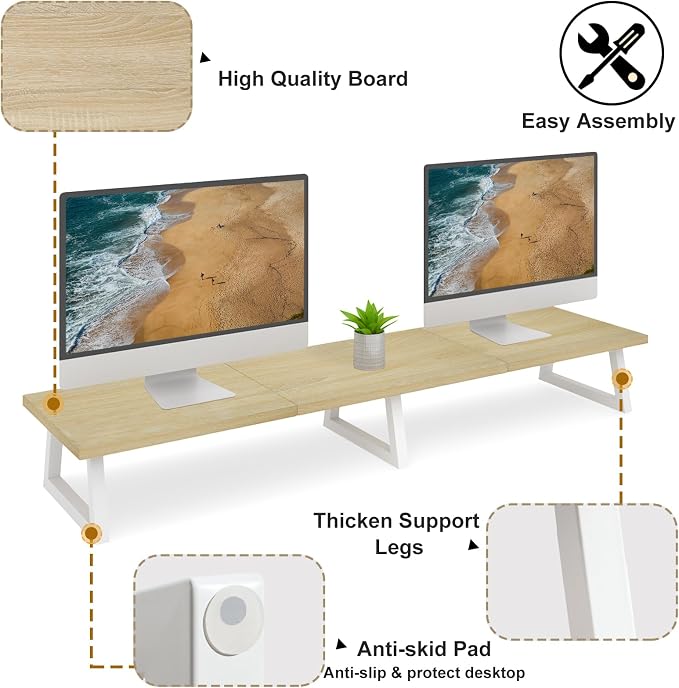 TEAMIX 42 inch Large Dual Monitor Riser, Desk Organizer Stand for TV Laptop | Extra Long Stand for 2 Monitors, Wood & Metal TV Riser, Holds 300lbs, Keyboard & PS5 Storage, For Home Office & Gaming