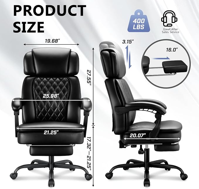 400lbs Executive Office Chair with Foot Rest for Heavy People, Ergonomic Big and Tall Desk Chair with Adjustable Headrest, High Back PU Leather Comfy Heavy Duty Computer Chair with Spring Cushion