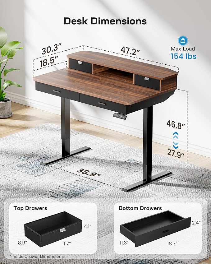 HUANUO 48 x 30 inch Electric Standing Desk with 4 Drawers, Walnut | Deeper 30 Inch Desktop, Cable Tray, Monitor Mount Support, Grommet Routing, 27.9–46.8 Inch Height Range, Home Office Use