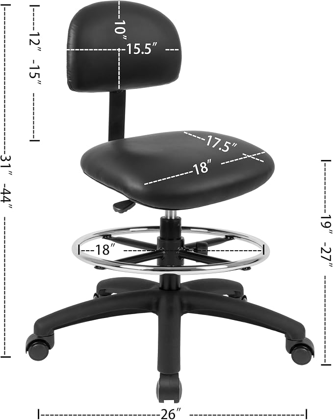 FSS Series Square seat (19"-27") seat Height Chair. Vinyl-for Office, Garage, Desk, Shop, Computer, Doctor, Medical, Easy to Clean! 18" Footring (Black, Mid Stool, Self Braking Casters)