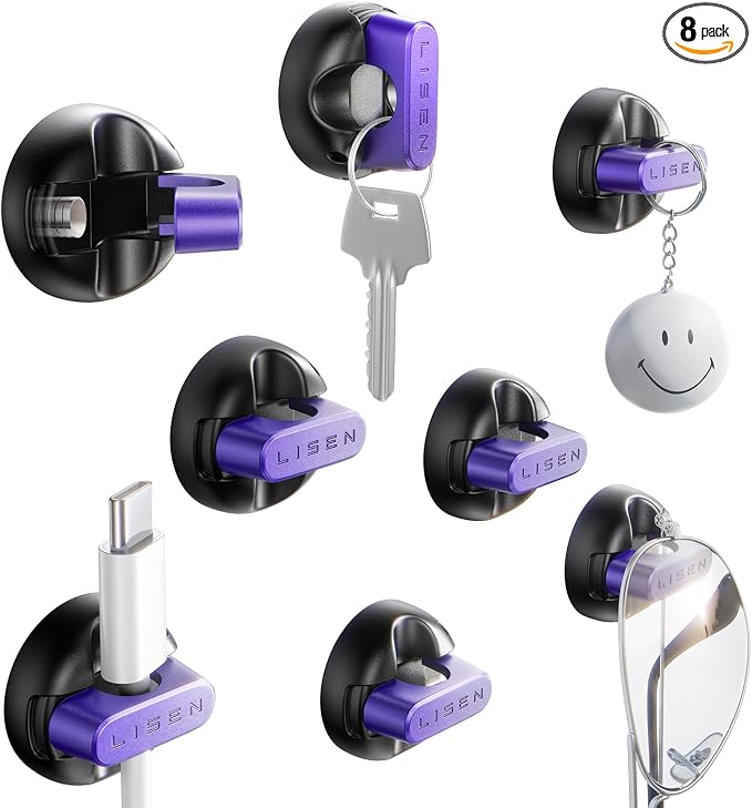 LISEN Magnetic Charging Cord Holder 8-Pack Charging Cord Organizer [1S Click-in], Easy Open Cable Holder with Strong Adhesive, Cable Management Clips Neatly for Nightstand, Desk, Home, Office, Purple