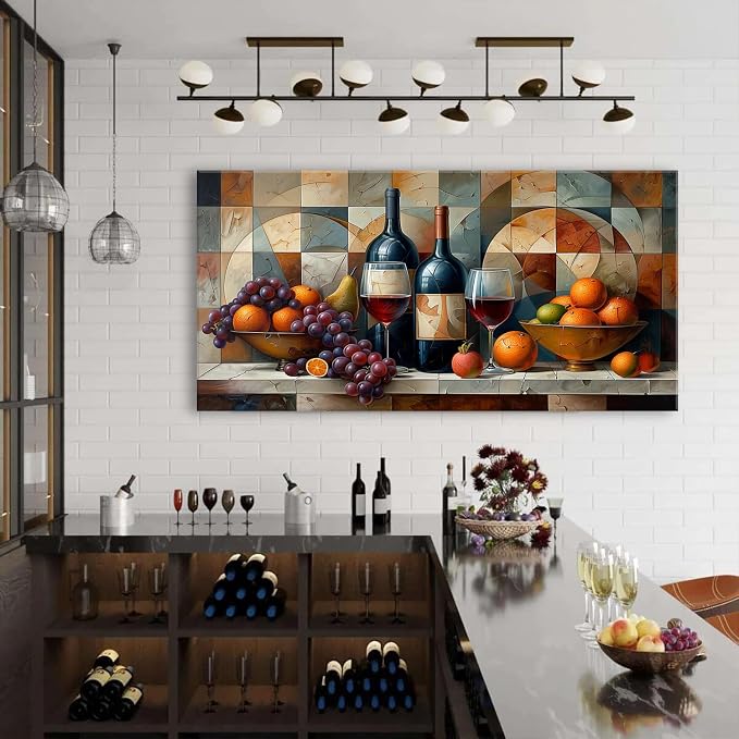 AIYISU Geometric Kitchen Wall Art Abstract Wine Canvas Prints Red Wine Glass and Fruit Pictures Rustic Farmhouse Still Life Painting Wine Bar Decor for Dining Room Restaurant Home Decorations 30x60