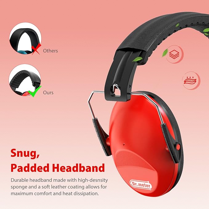 Ear Muffs for Noise Reduction: SNR27.4 Noise Cancelling Headphones for Kids with Adjustable Headband - Noise Cancelling Ear Muffs for Monster Jam, Football Game, Fireworks and Air Shows - Red