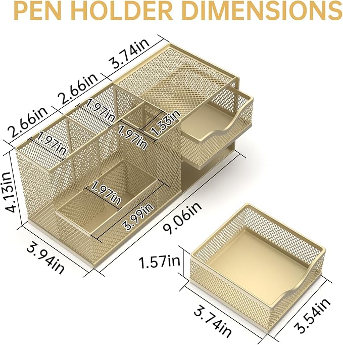 Mesh Desk Organizer, Pen Organizer with 2 Drawers and 5 Compartments, Versatile Pen Holder for Small Space, Desk Organizers and Accessories for School Office Supplies, Gold