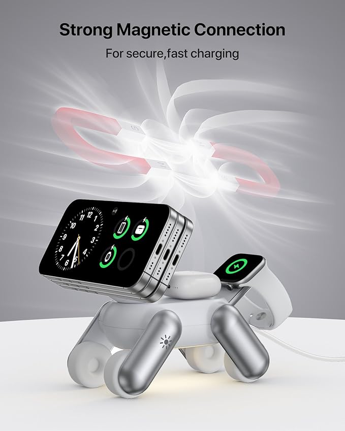 3 in 1 Wireless Charging Station for Apple Devices,Foldable Cute Magnetic Mag-Safe Wireless Charger Stand with Night Light for iPhone 17 Air 16 15 14 13 12 Series,AirPods 4 3 2 Pro,Apple Watch