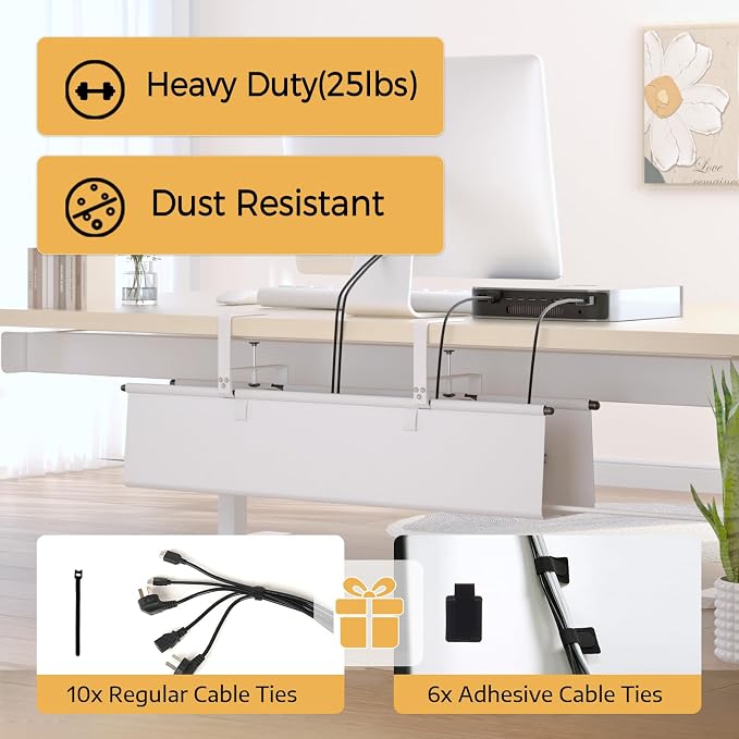 Under Desk Cable Management Tray, 28" Fabric Wire Cord Organizer, White | No Drill Under Table Wire Organizer with 16X Cable Ties for Office/Home, Cord Hider Fit Adapters & Sockets, Clamp/Screw Mount