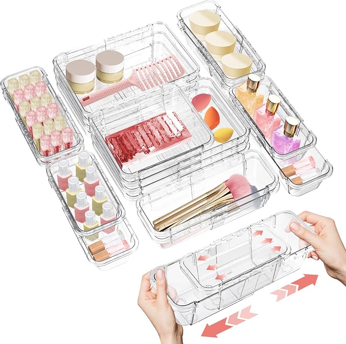 15 Pcs Extendable Clear Drawer Organizer, All Adjustable Vanity Storage Box, 2-Size Desk Drawer Organizer, Acrylic Storage Bins for Makeup, Cosmetic, Bedroom Dressers Tool Organizer for Gadgets