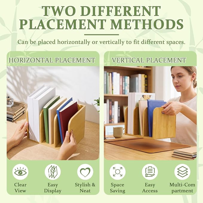 Novabright Bamboo File Magazine with Handle Holder Desk Organizer, 3 Vertical Compartments Workspace Sorters for Magazines, Binders, Notebooks, Envelopes