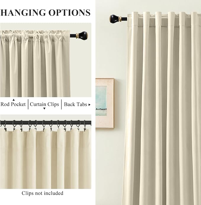 108 Inches Extra Long Ivory Velvet Curtains for Living Room, Thermal Insulated Room Darkening Curtain Noise Reducing Privacy Drapes for Bedroom Office, Back Tab Rod Pocket, W52 x L108, 2 Panels