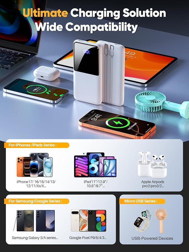 Portable Charger Power Bank, 50% Larger Capacity 15000mAh Battery Pack with Built in Cable, 22.5W Fast Charging Travel Camping Essential Powerbank for iPhone 17 16 Pro iPad Samsung S26 Google etc