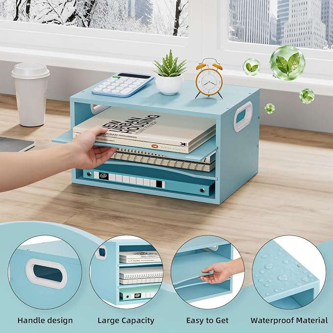 Marbrasse 3 Tier Wood Desk Organizer,Desk Paper Letter Tray Organizer，Blue | Wooden Desktop File Organizer with Handle and Paper Sorter Mail Holder for Office School & Home Supplies Organization