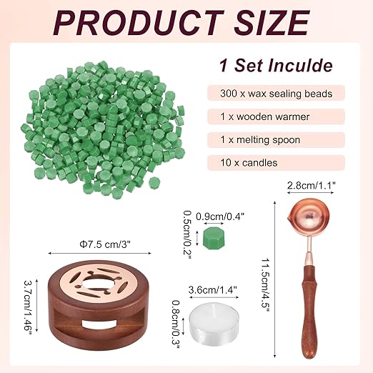 PATIKIL Wax Seal Kit, 300 Pcs Wax Sealing Beads, Wooden Warmer, Melted Spoon, 10 Pcs Tealight Candles for Envelope Letter Mailing Crafts DIY, Leaf Green