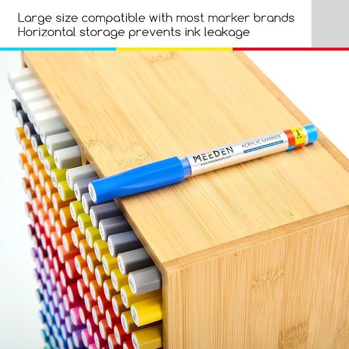 MEEDEN Bamboo Marker Organizer for Desk: Holds 224 Pens with 32 Compartments- Art Supply Storage & Holder for Alcohol Markers，Pens，Pencils