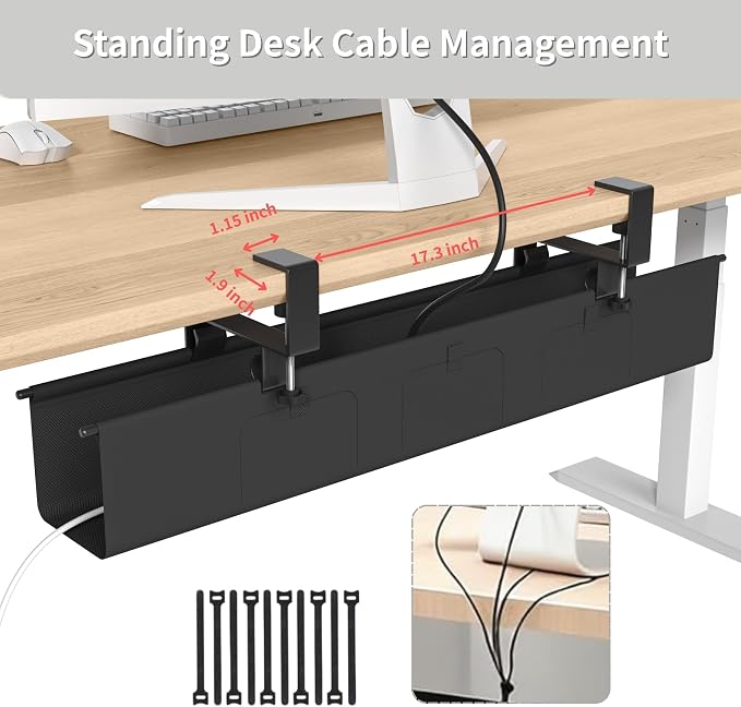 Under Desk Cable Management Tray, 36” Fabric No Drill Clamp Mount | Cord Organizer for Desk, Heavy Duty Wire Management for Office Home, Black