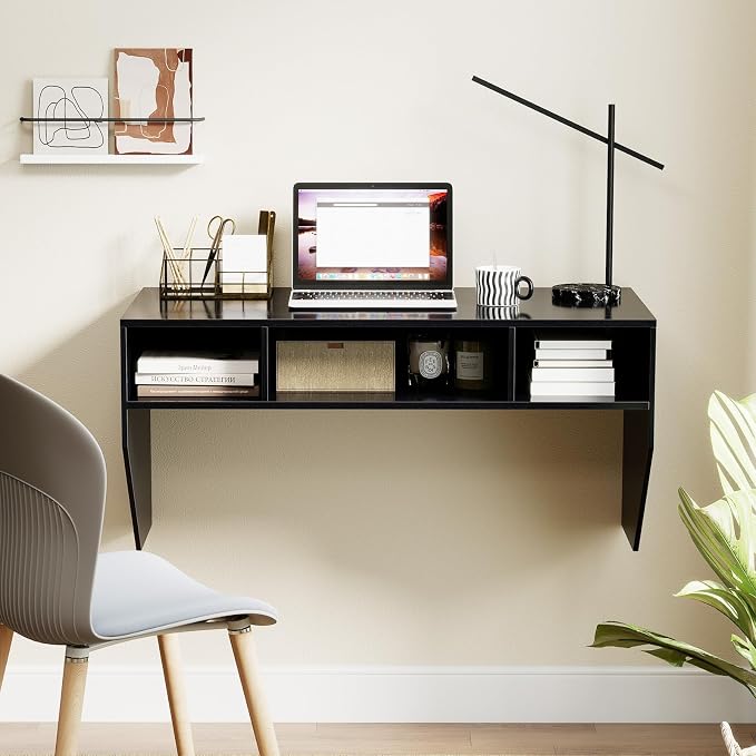 GOFLAME Wall-Mounted Computer Desk, Floating Study Table with Spacious Tabletop and 3 Open Compartments, Home Office Working Desk, PC Laptop Workstation, Vanity Table for Makeup Room (Black)