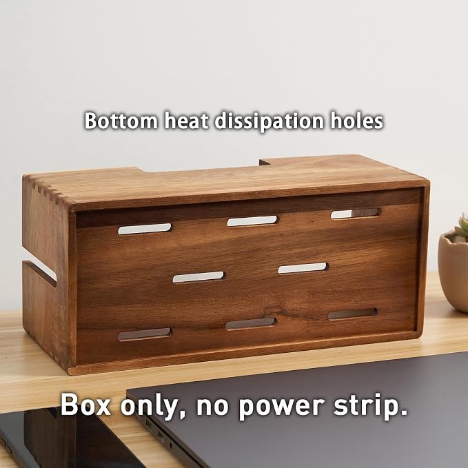 Acacia Wood Cable Management Box, Wooden Cord Hider & Organizer for Power Strip, Electrical Hiding, TV Wires, Desk & Floor Cables - Office Under Desk Cable Storage Box for Wire