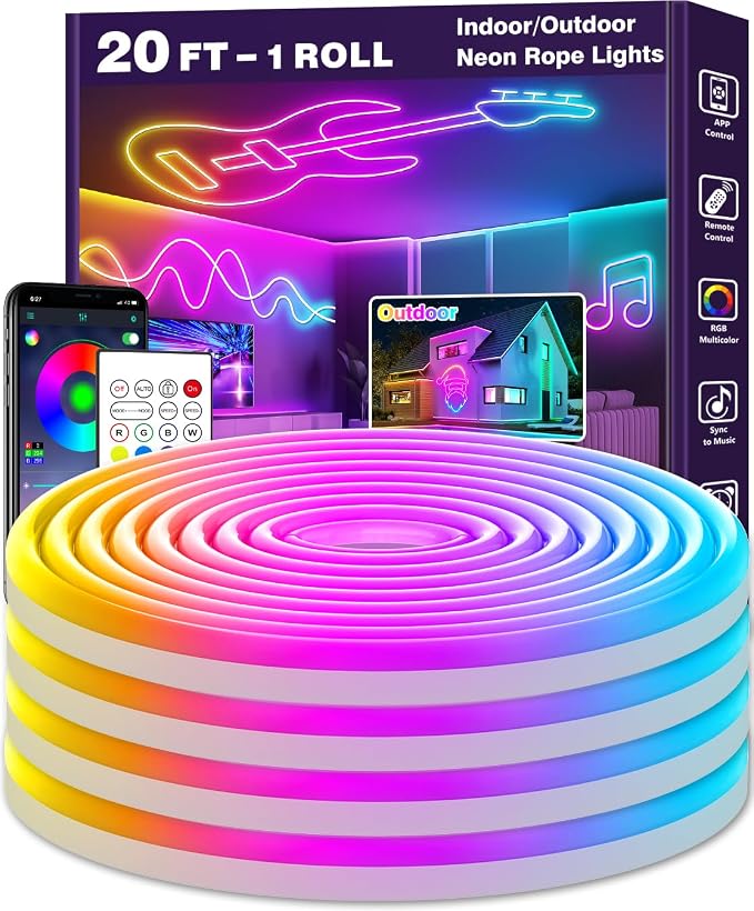 LETIANPAI 20Ft Neon Rope Lights,Flexible Led Rope Lights Control with App/Remote,Multiple Modes Music Sync Gaming RGB Led Neon Lights for Bedroom Outdoor (20FT/6M)