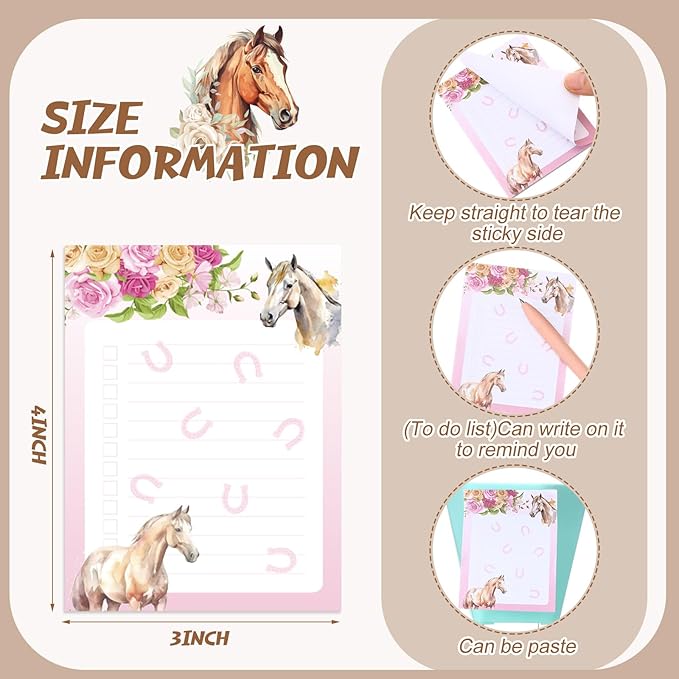 12 Pieces Horse Sticky Notes to Do List Notes Horses Lover Gift for Women, 3x4 Inch Animal Writing Memo Pads Flower 30 Sheet Pads, Animal Self Stick Memo Office Supplies Cute Small Gift
