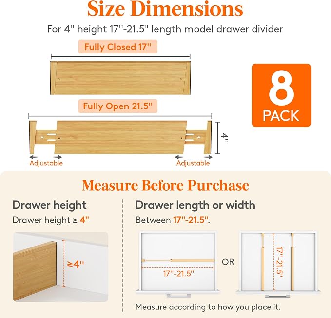 Lifewit 4" High 8 Pack Bamboo Drawer Dividers 43-54cm/17-21.5" Adjustable Wooden Drawer Organizer for Clothes/Utensils, Expandable Drawer Separator for Dresser/Kitchen/Bedroom/Office Organization