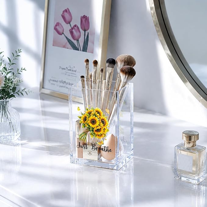 YAZMEEN Inspirational Gift Acrylic Pen Holder - Just Breathe Sunflower Desk Organizer - Office & Home Desk Decor - Birthday Gift for Women, Coworker, Friend