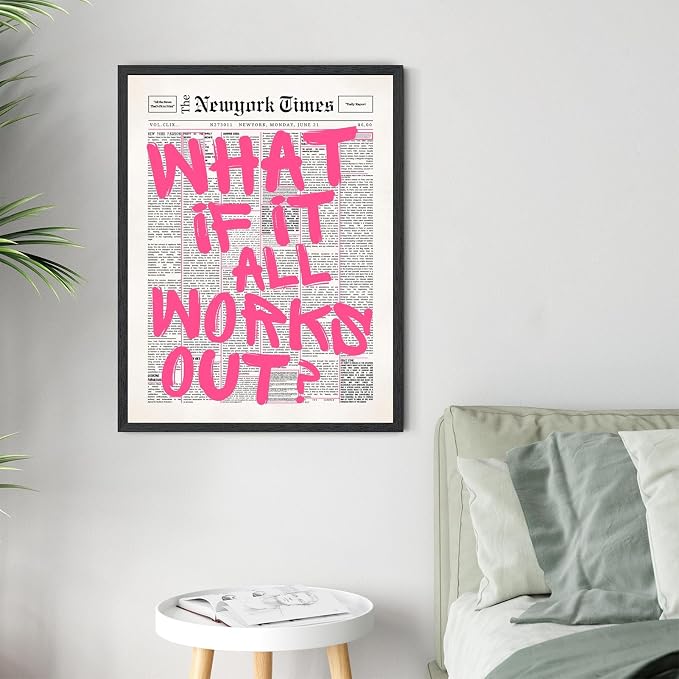 Vintage What If It All Works Out Canvas Wall Art Retro Newspaper Pink Font Poster Positive Affirming Quote Minimalist Prints Painting for Bedroom Study Dorm Wall Decor 16x24inch Black Frame