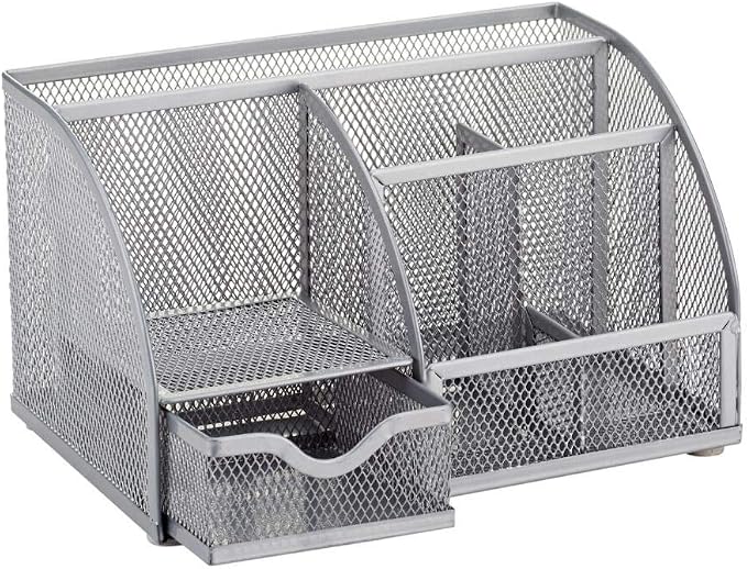 Annova Mesh Desk Organizer Office with 7 Compartments + Drawer/Desk Tidy Candy/Pen Holder/Multifunctional Organizer (Silver)