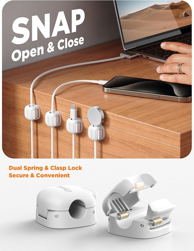 6Pack Cord Organizer, Chfeila Spring Cable Clips [1s Lock] Cable Management, Cute Cord Holder for Nightstand Home Office Desk Accessories Women Men, 2026 Girls Guys College Dorm Room Essentials Decor