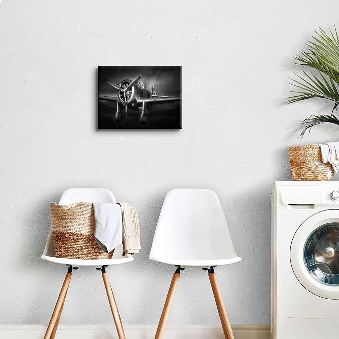 Airplane Propeller Wall Art Men Office Wall Decor Vintage Aircraft Picture Black and White Canvas Prints Artwork Fighter Poster Modern Aviation Military Painting for Home Bedroom Decoration 12x16"