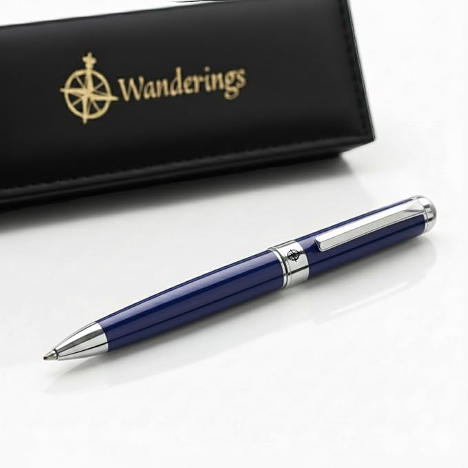 WANDERINGS Premium Ballpoint Pen with German Ink – Perfectly Balanced Executive Pen with Chrome Accents – Blue Breeze - Includes a Schmidt Refill in a Giftable Presentation Case for Men or Women