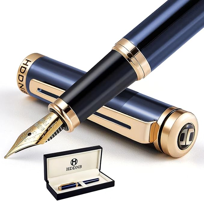 Blue Luxury Fountain Pen Set for Men and Women with Gift Box, 24K Gold Finish and Gilded Nib(Medium) with 5 Black Ink Cartridges and Converter