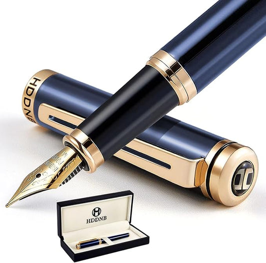 Blue Luxury Fountain Pen Set for Men and Women with Gift Box, 24K Gold Finish and Gilded Nib(Medium) with 5 Black Ink Cartridges and Converter