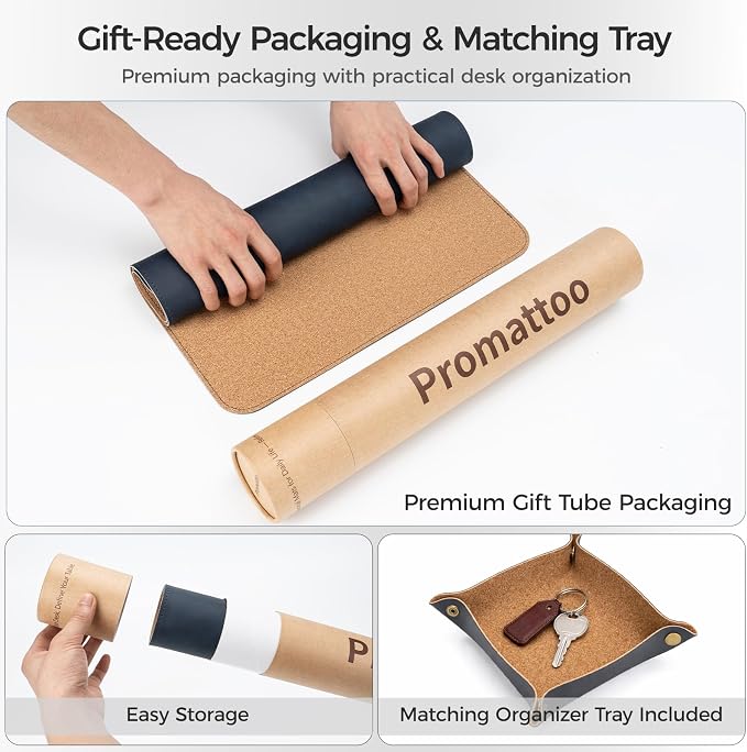 Premium Faux Leather Desk Mat & Tray Set，Innovative Cork-Look Printed Base，Gift Tube Packaging，Full-Desk Coverage，Non-Slip Desk Pad for Office Home（Navy Blue）