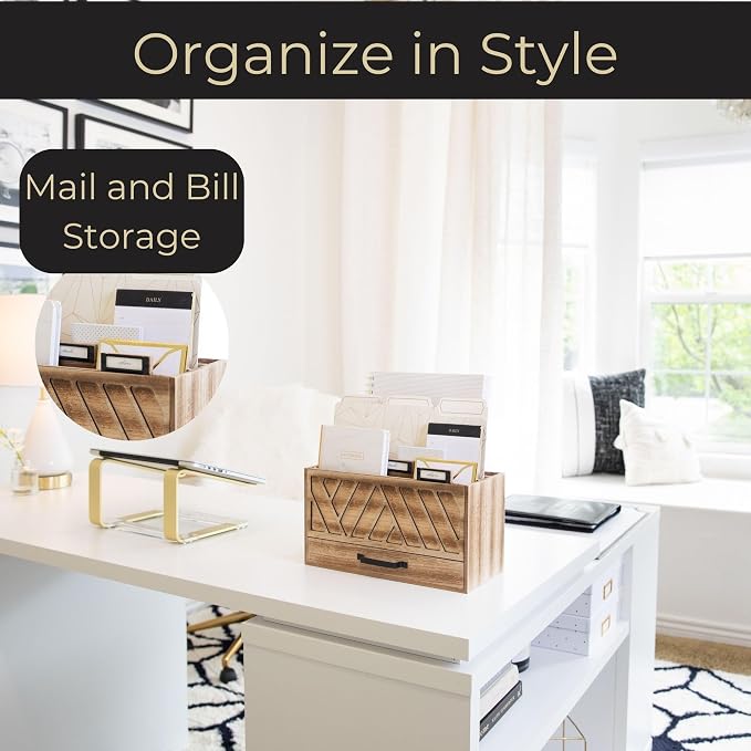 BLU MONACO | Natural Wood Desktop Mail Organizer with Drawer | Three-Tier Mail Sorter with Black Label Holders | Countertop Mail Holder & Document Storage for Home or Office