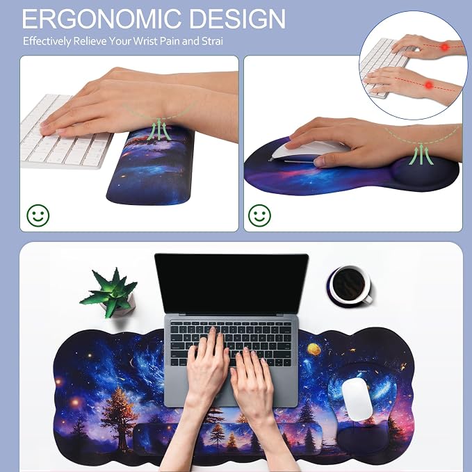 Petmolico Desk Pad Set with Wrist Rest for Keyboard & Mouse, Night Sky | Anti-slip PU base, durable Lycra & memory foam, relieves wrist fatigue, perfect for work, home & daily use